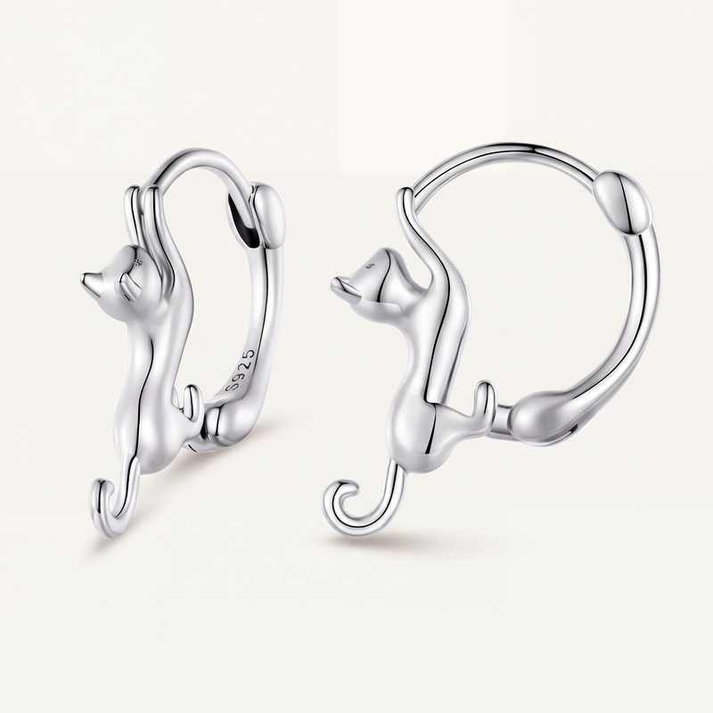 Aretes Argolla Plata S925 Gatito