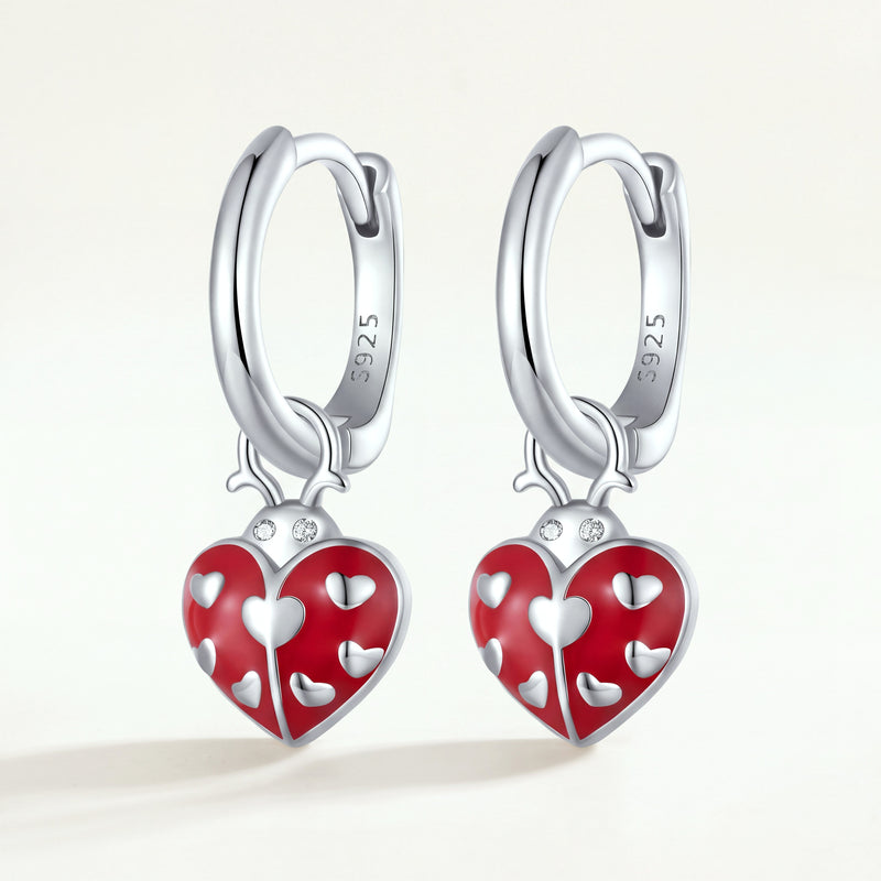 Aretes Argolla Plata S925 Mariquita Corazón