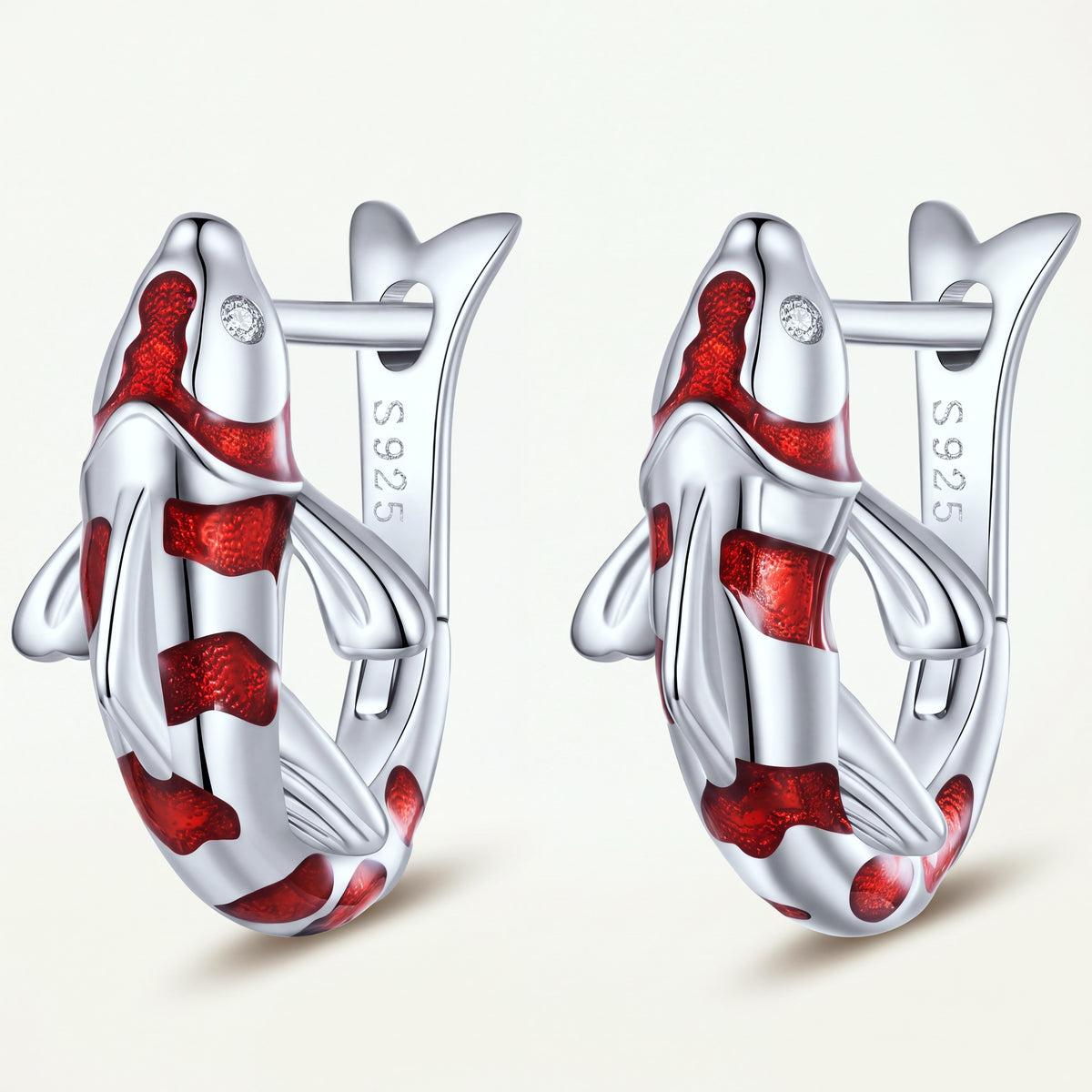 Aretes Argolla Plata S925 Pez Koi Rojo