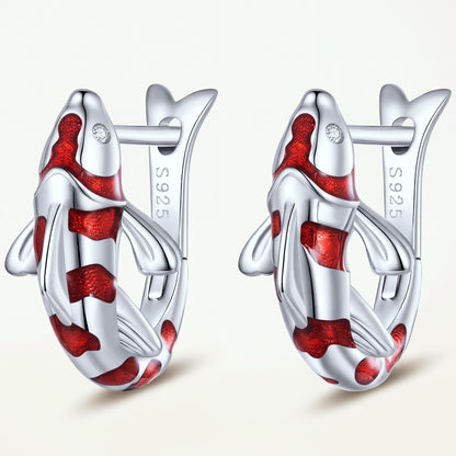 Aretes Argolla Plata S925 Pez Koi Rojo