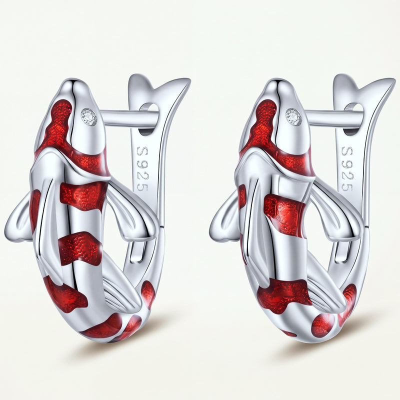 Aretes Argolla Plata S925 Pez Koi Rojo