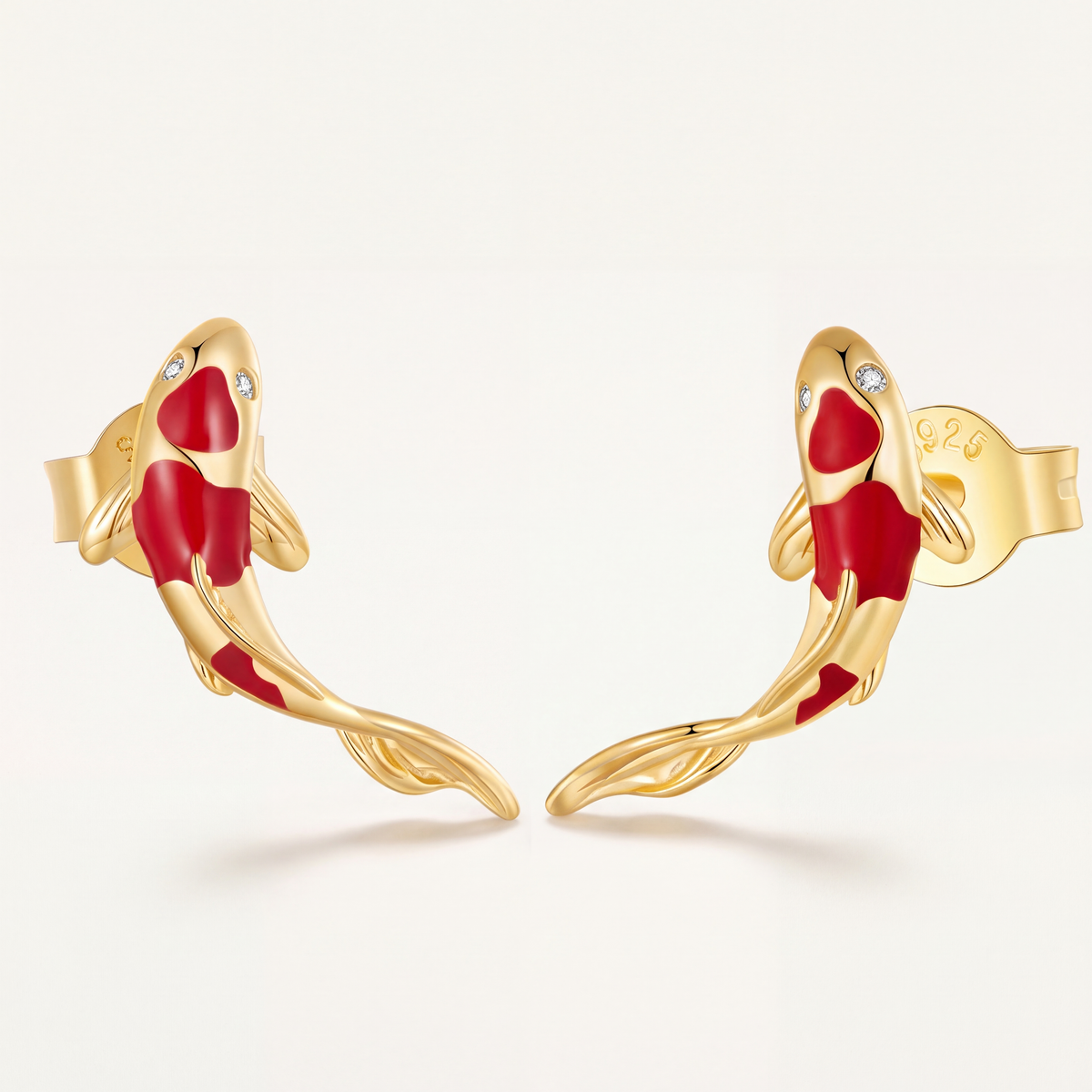 Aretes Dorados Plata S925 Pez Koi Rojo