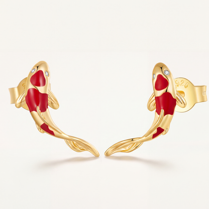 Aretes Dorados Plata S925 Pez Koi Rojo