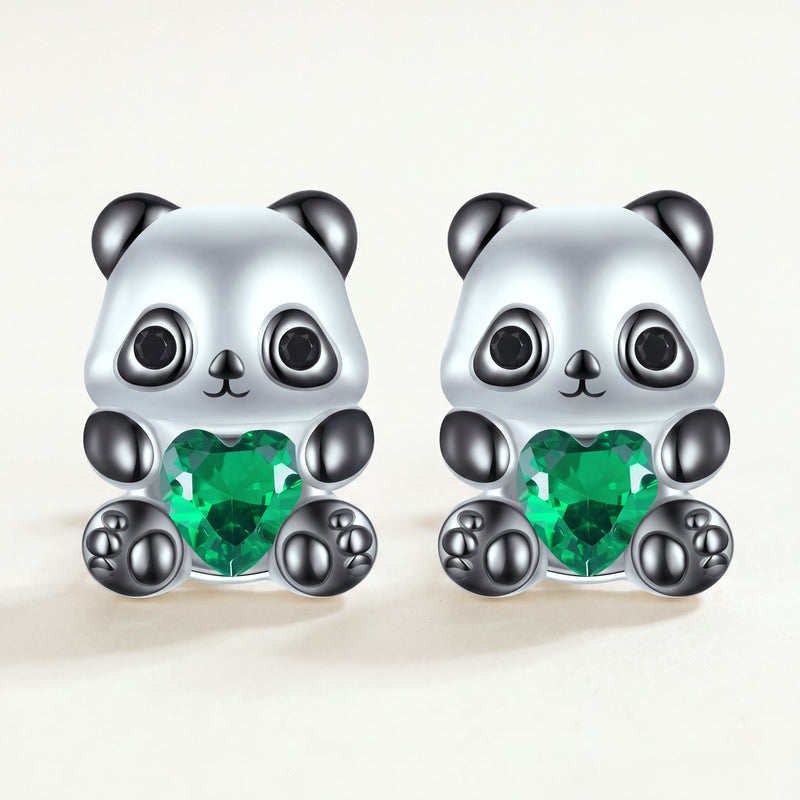 Aretes Plata S925 Panda Corazón Verde