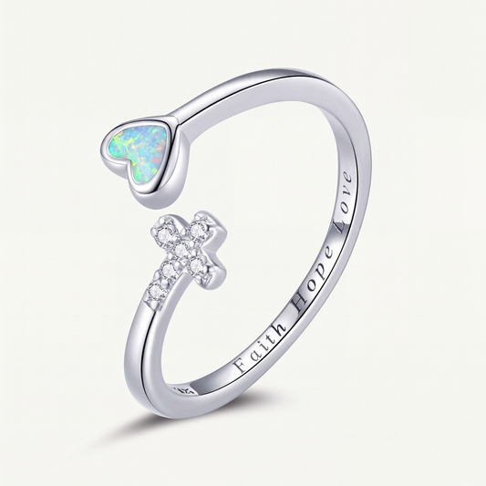 Anillo Plata S925 Cruz y Corazón Ópalo