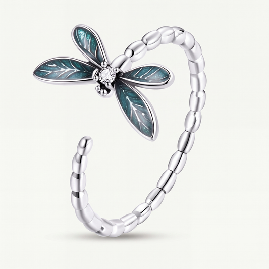 Anillo Plata S925 Libélula Verde