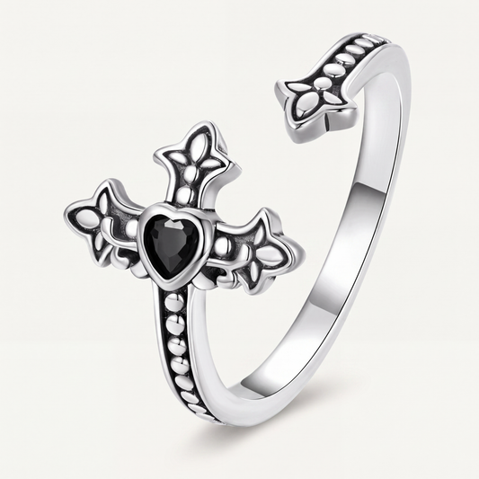 Anillo Plata S925 Cruz Gótica Corazón Negro