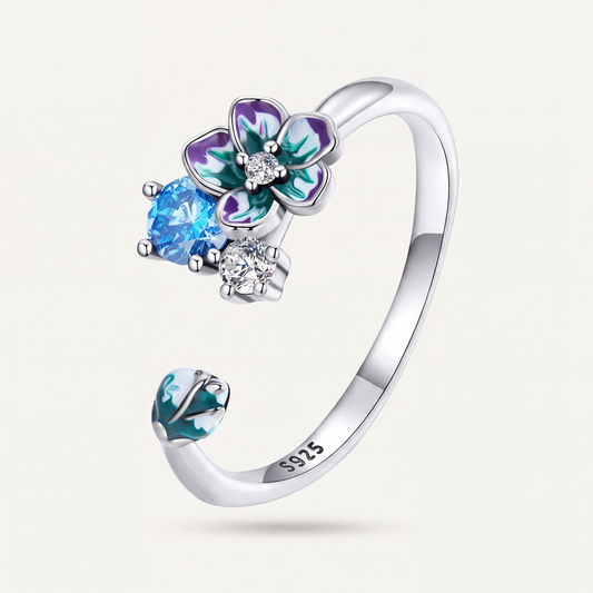 Anillo Plata S925 Flor Esmaltada Azul