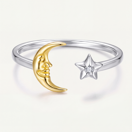 Anillo Plata S925 Luna Dorada y Estrella