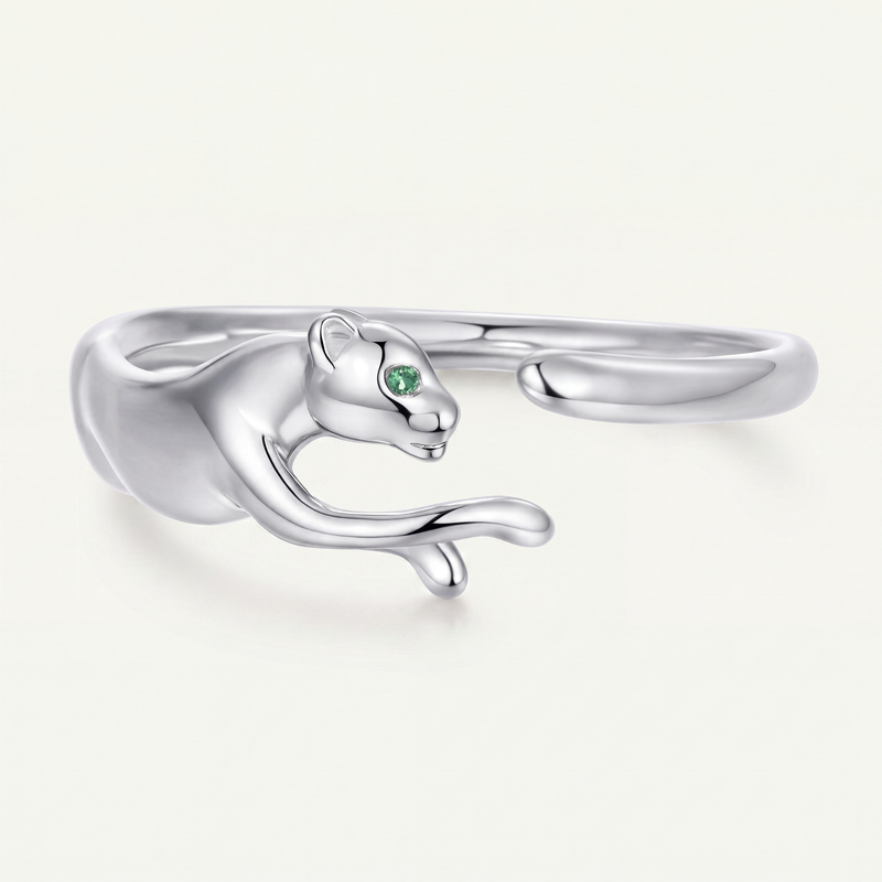 Anillo Plata S925 Pantera Ojos Verdes