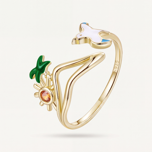 Anillo Dorado Plata S925 Gaviota y Sol de Playa