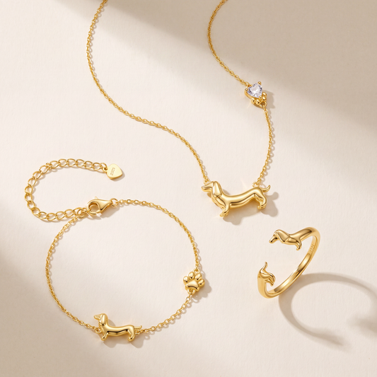 Set Salchicha Dorado Plata S925 — collar, pulsera y anillo juntos
