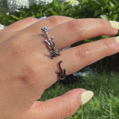 Anillo Negro Plata S925 Gatito Acostado