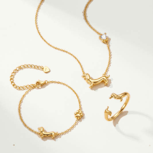 Set Salchicha Dorado Plata S925 — collar, pulsera y anillo juntos